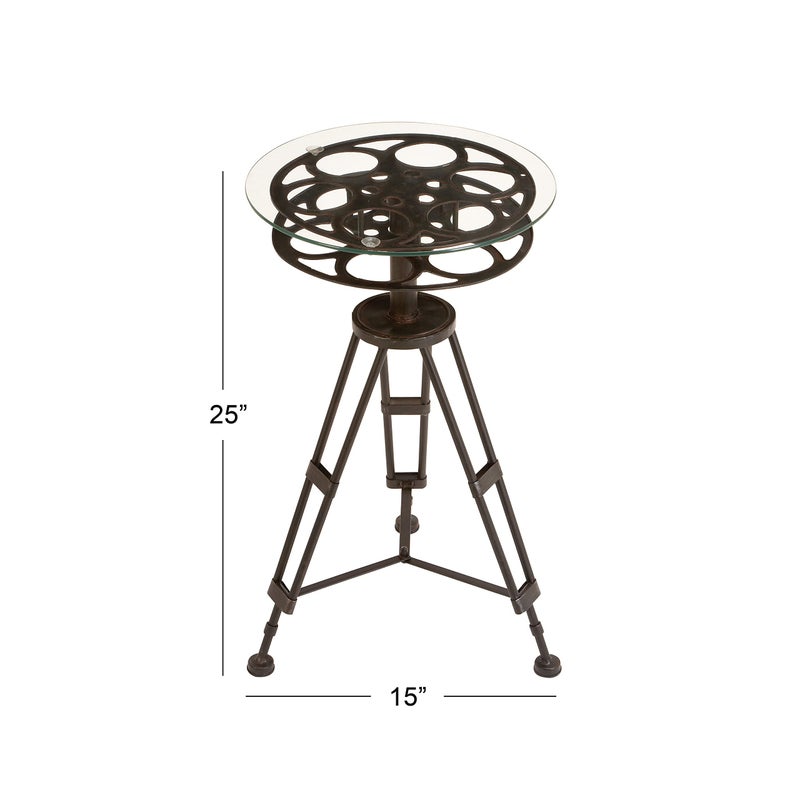 Deco 79 Metal Side End Accent Table Film Reel End Table with Tripod Legs and Glass Top, Side Table 15" x 15" x 25", Black - Image 3